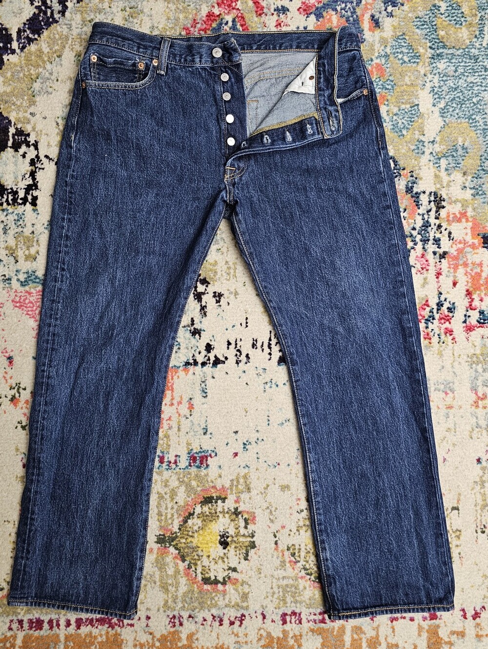 Levis 501 Button Fly Jeans Mens 36x29 Blue Straight Fit Denim Preppy Logo